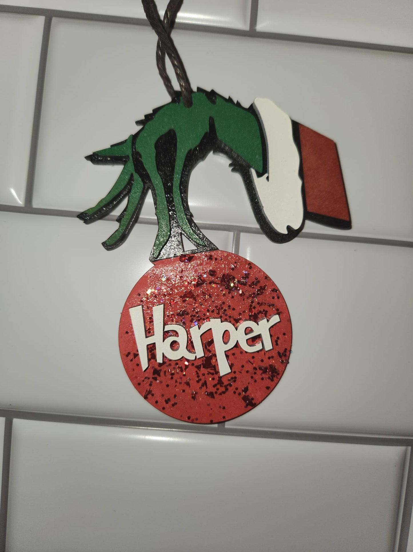 Personalized grinch hand ornament